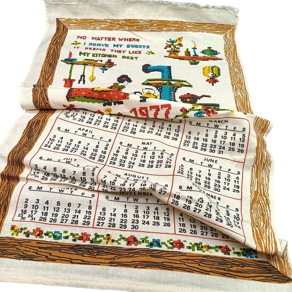 Vintage 1977 Kitchen Calendar Towel With Rustic Design & Cross-Stitch Patterns - Picture 1 of 3